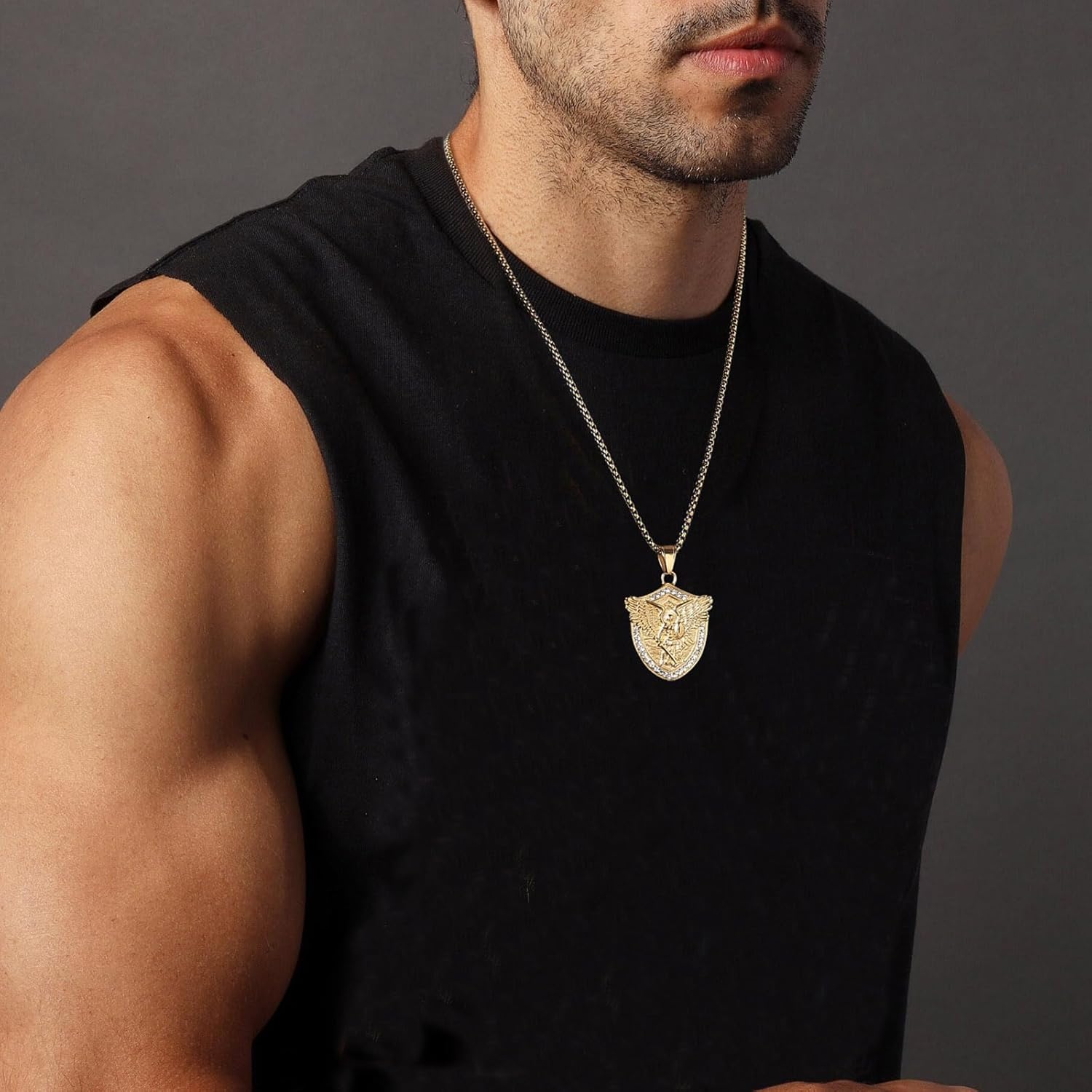 AsAlways St. Michael the Archangel Necklace for Men Stainless Steel Retro Gold Angel Exorcism Protect Amulet Pendant Necklace Jewelry Gift - Image 3