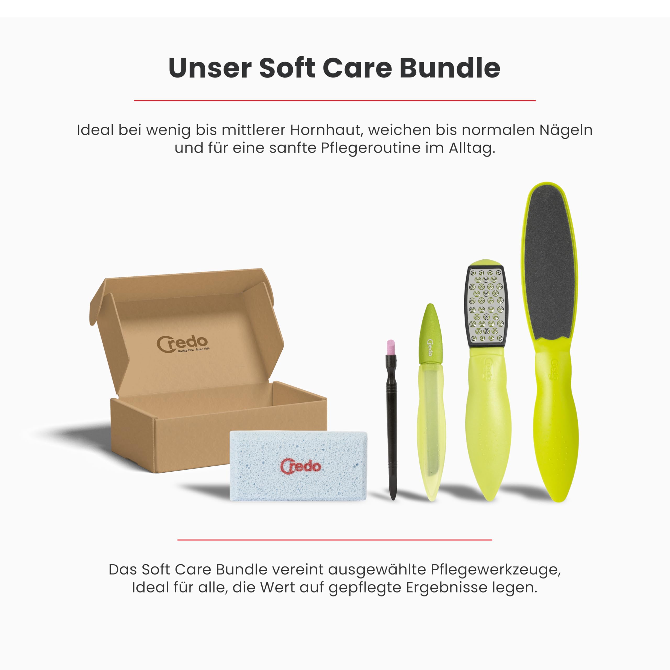 Credo PopArt Soft Care Bundle Fußpflege Set | mit SmartCutter, Pedikürestein, DuoSoft, Keramiknagelfeile & Keramik-Nagelhautentferner | sanfte Fuß- und Nagelpflege im farbigen Design (Grün)