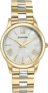 Sonata Glam Gold Quartz Analog Off White Dial Stainless Steel Strap Watch for Women