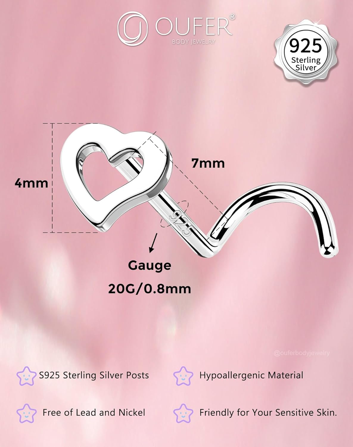 OUFER Heart Nose Rings Studs, 925 Sterling Silver L-shaped Nose Piercing Jewelry for Women Men, 20G Nostril Jewelry-7mm - Image 4