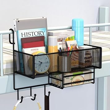Bedside Caddy for Dorm Bed, Bunk Bed Accessories Bedside Shelf, Bedside Hanging Storage Basket with Hooks Multi-Function Organizer Caddy Room Essentials for College Students Girl,Black,A