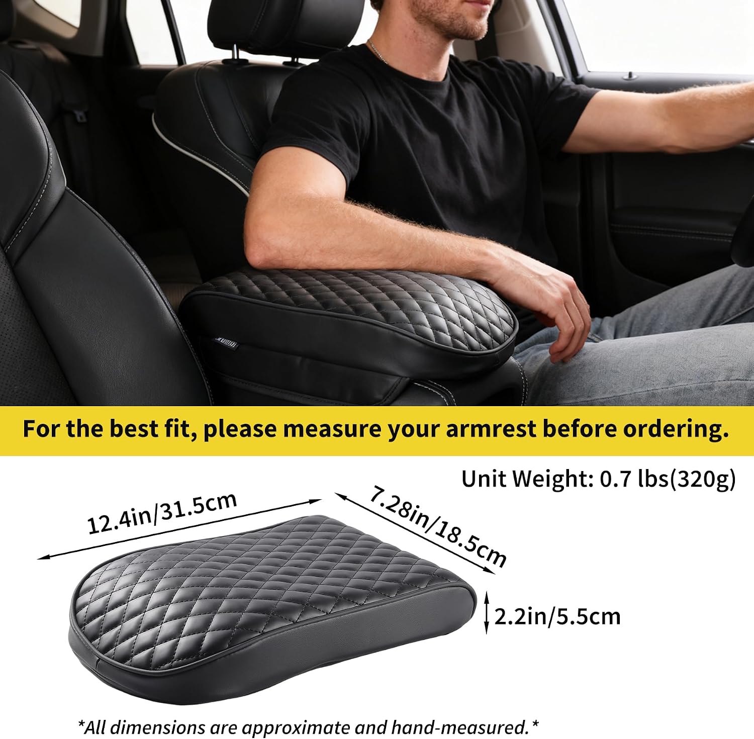 WEIHAO Car Arm Rest Cover Pad, Thick Padding 12.4x7.28x2.2 inch Car Armrest Cushion, Memory Foam Leather Center Console Cushion Pad for Sedans, SUVs, Most Vehicles (Black-1PC) image 3