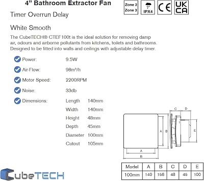 CubeTECH CTEF100t 100mm (4) Quiet Bathroom Extractor Fan with Timer Overrun Delay. White Smooth.