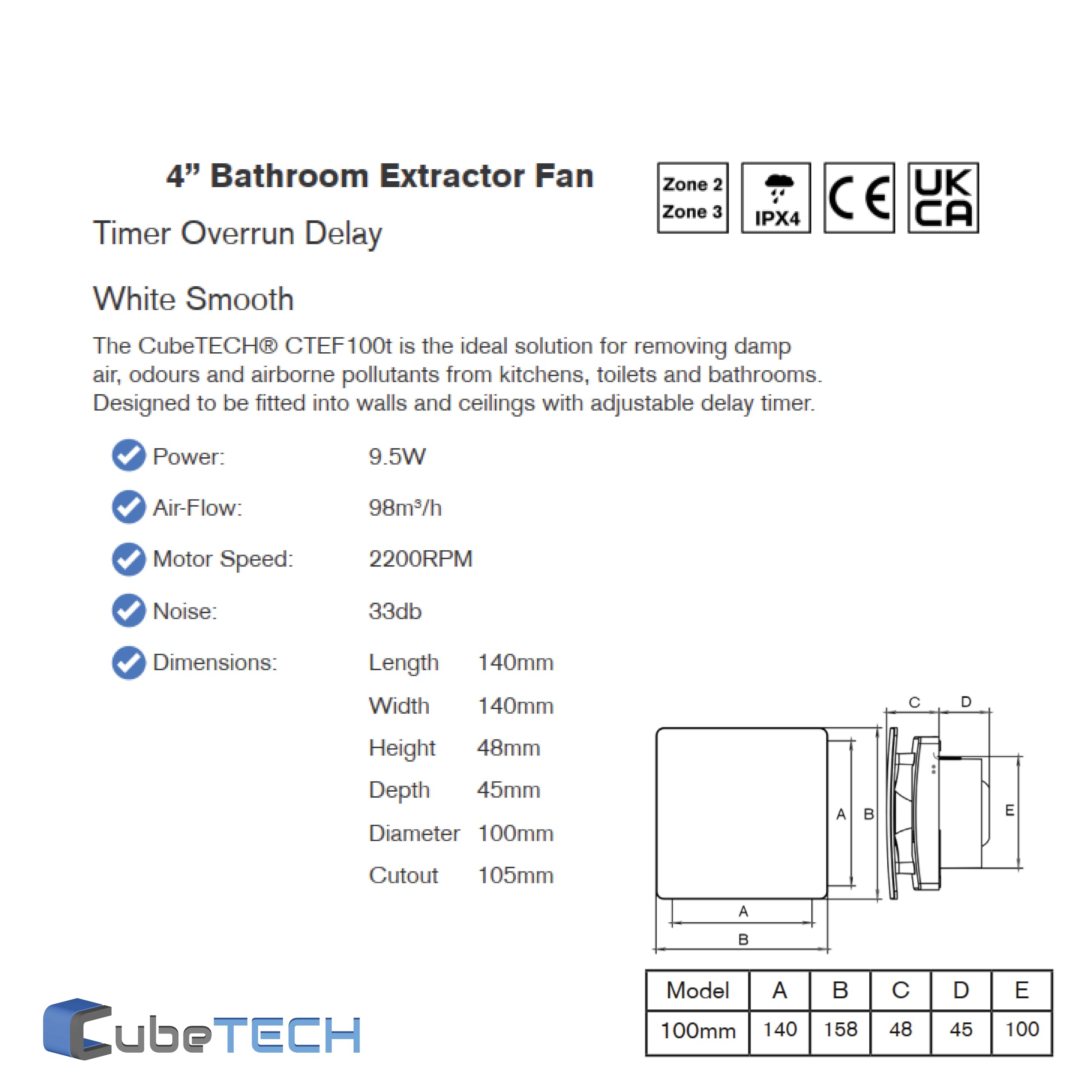 CubeTECH CTEF100t Ventilatore estrattore silenzioso per bagno da 100mm (4") con timer e ritardo di spegnimento. Bianco liscio.