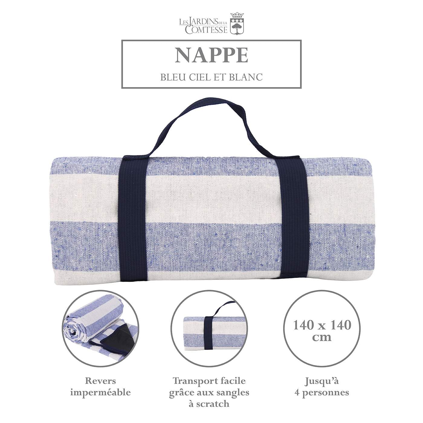 Les Jardins de la Comtesse - Nappe Pique-Nique Carré Bleu Ciel/Blanc - Coton/Revers Imperméable Polyester - 140 x 140 cm - Parfait pour l'herbe - Aussi pour Table de Jardin - 4/6 Personnes