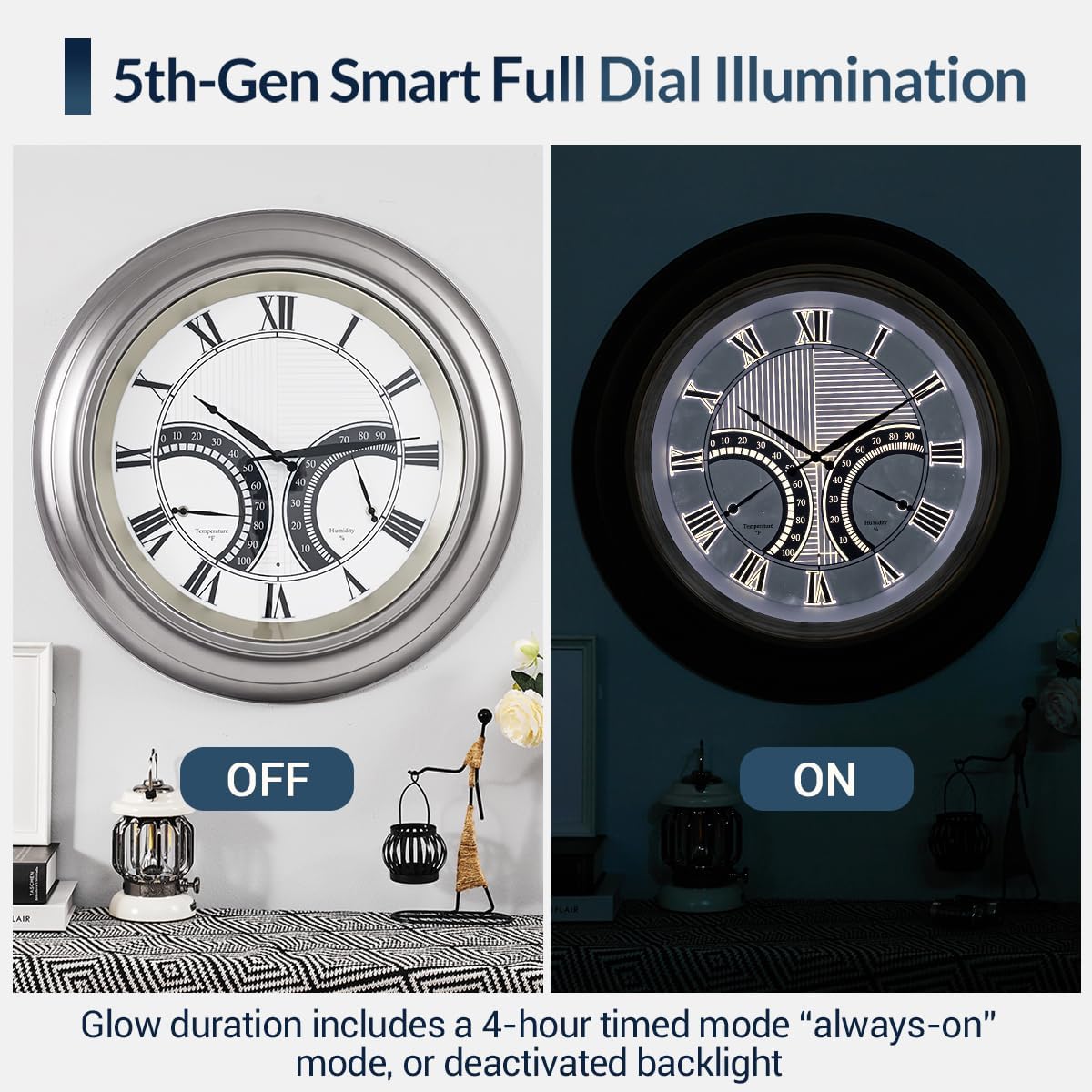 ANDY STAR 24 Inch Outdoor Clocks Waterproof,Large Outdoor Wall Clocks for Garden Patio Pool, Weatherproof Illuminated Metal Clock Battery Operated with Thermometer&Hygrometer, Silver Non Ticking