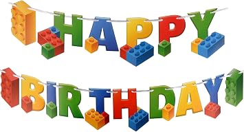 Building Block Birthday Party Supplies Banner by Aliza | Baby Boy Toddler Kids Birthday Decorations Huge 7-feet Long Brick Themed Decor The Perfect Decoration for Your Party