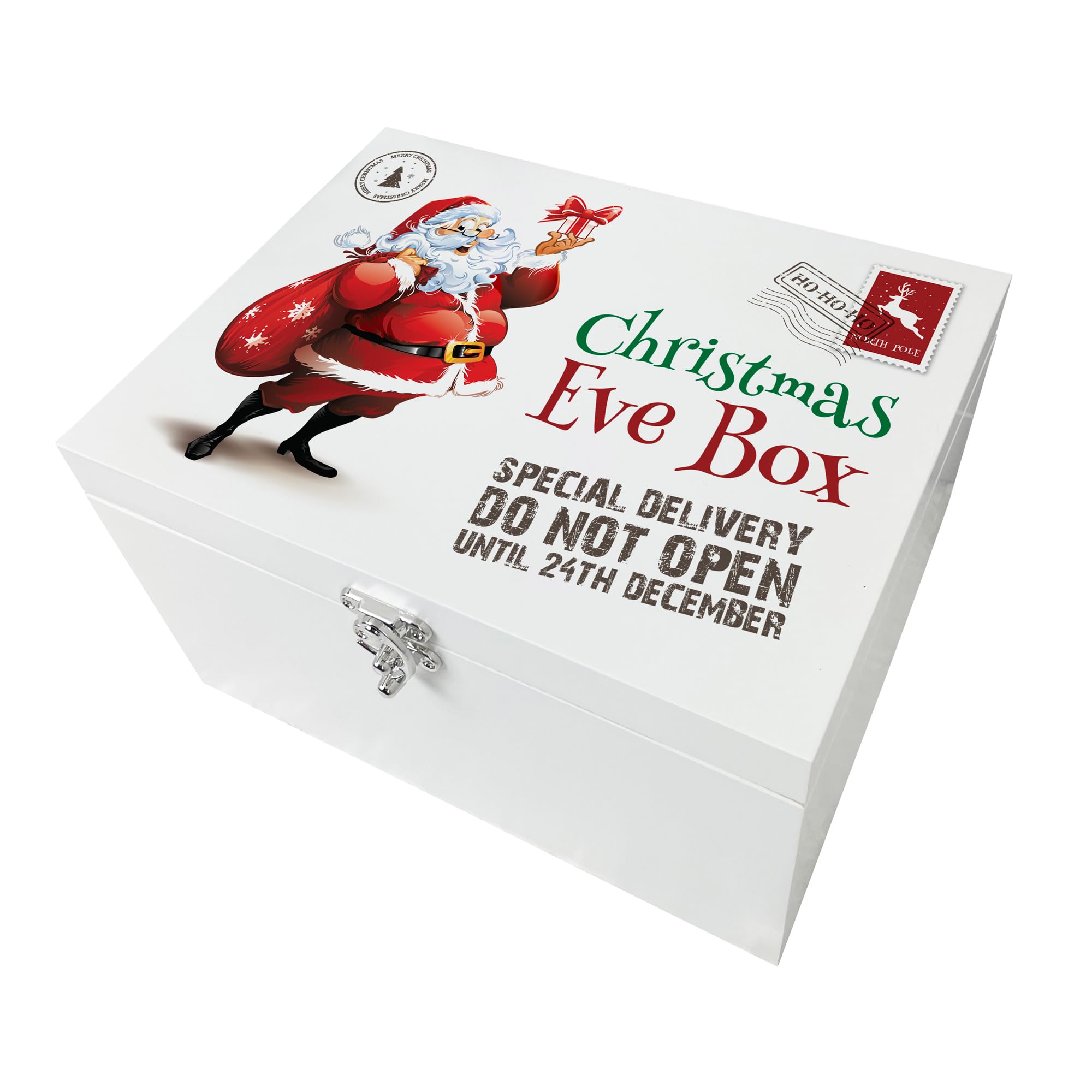 The Lovely Keepsake Company Festive Santa Christmas Eve Box | Reusable White Pine Wooden Box with Metal Hinges & Clasp | Perfect for a New Xmas Family Tradition | 30cm x 23cm x 18cm