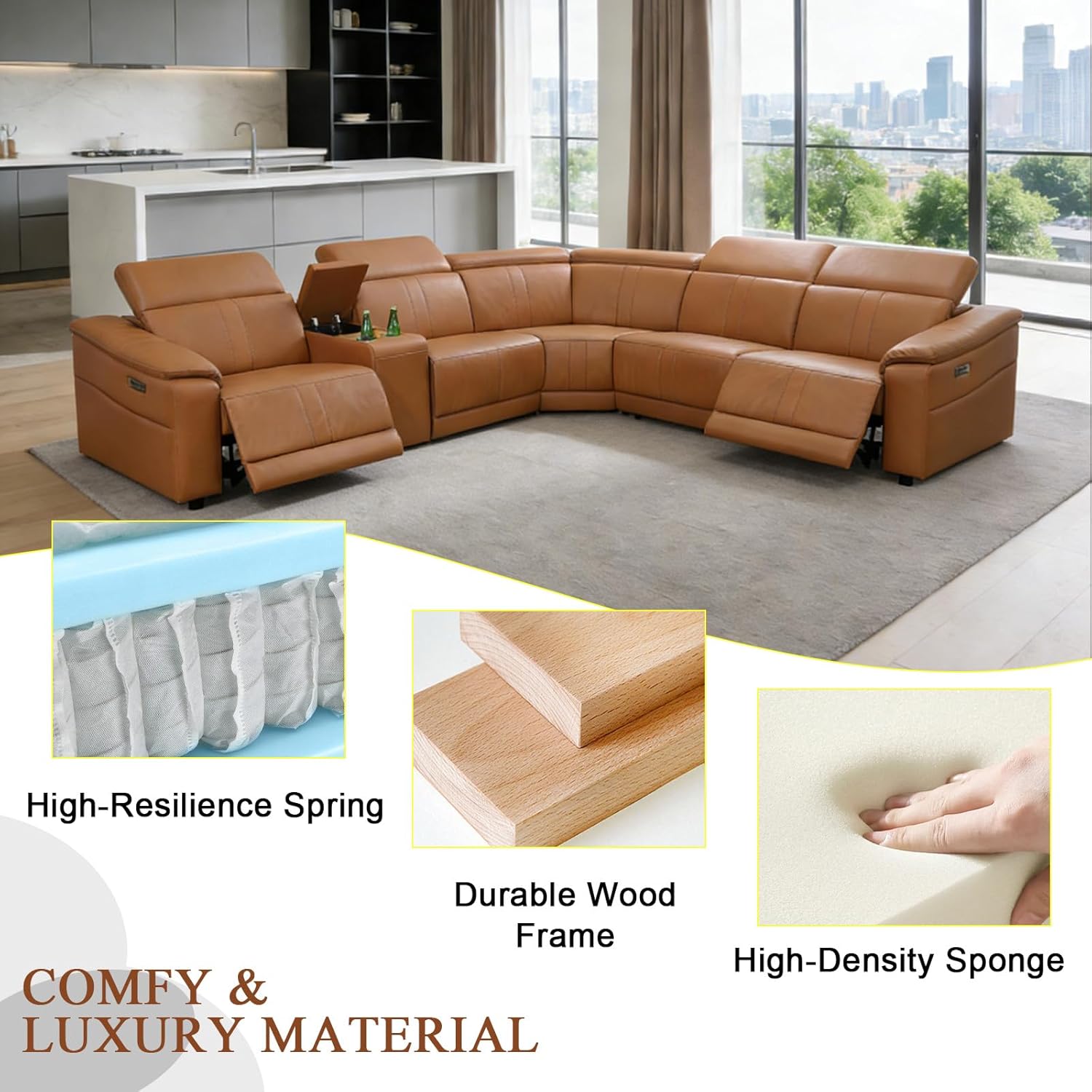 Power Recliner Sectional Sofa Set for Living Room, 6 Seats L-Shaped Leather Reclining Couch Furniture Set with Cup Holder, Storage Console, USB Ports (Brown, Sectional)
