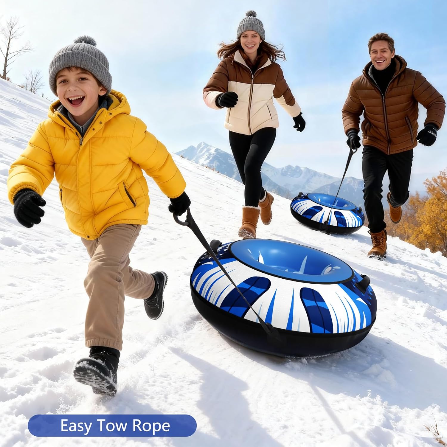 Snow Tube Sled with Premium Canvas Cover, Heavy Duty Snow Tubes for Sledding, 47" Inflatable Snow Sled for Kids & Adults, Towable Design with Reinforced Bottom Protection Layer, Winter Outdoor Fun