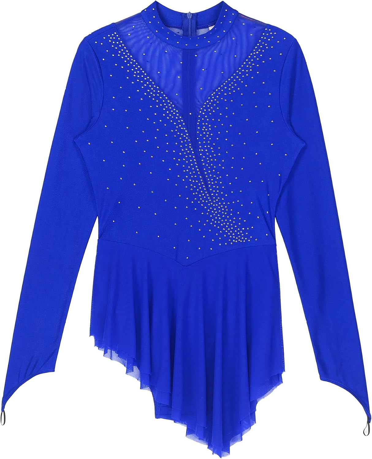 Womens Figure Ice Skating Dress Long Sleeves Rhinestone Lyrical Dance Dress Gymnastics Leotard Dancewear