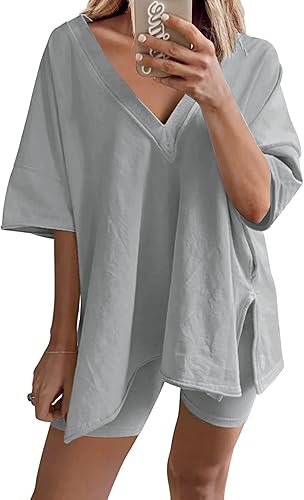 Conjunto de 2 piezas para mujer, de verano, de gran tamaño, cuello en V, camiseta de motociclista, pantalones cortos a juego