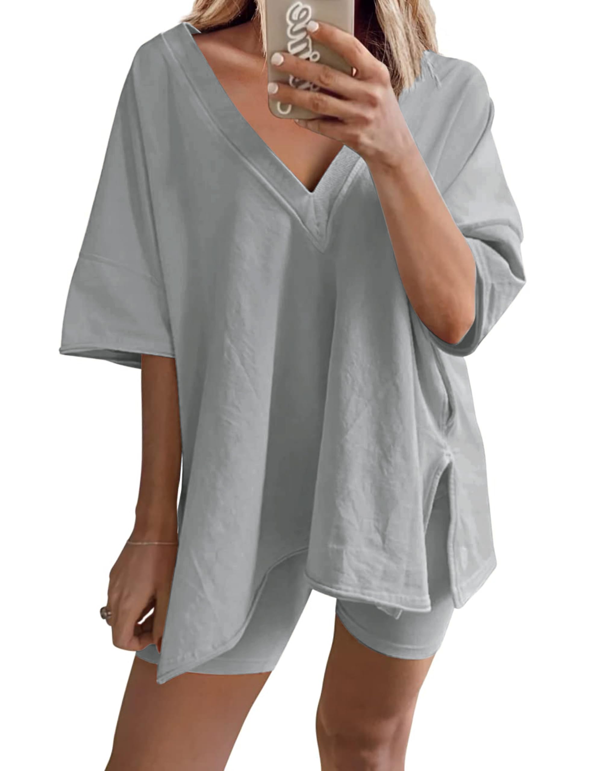 2 Two Piece Outfits for Women Summer Oversized Workout V Neck T Shirts Biker Shorts Matching Sets