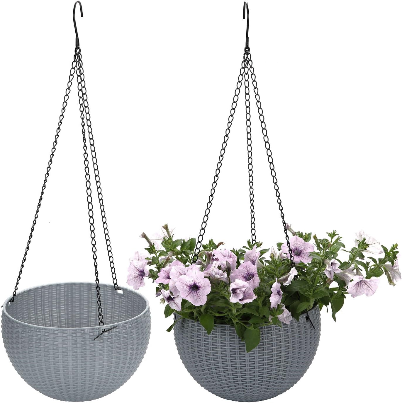 T4U Plastic Hanging Planter Light Grey Pack of 2, Self Watering Basket Round Flower Plant Orchid Herb Holder Container for Home Office Garden Porch Balcony Wall Indoor Outdoor Decoration Gift