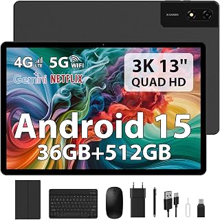 Tablet 13 Pulgadas Android 15 Octa-Core 2.2GHz/36GB RAM+512GB ROM(TF 2TB) FHD 2944 * 1840, Gemini AI, 11580mAh/4G LTE+5G WiFi/Widevine L1/BT5.0/GPS/13MP Tablets con Teclado y Lápiz, Negro