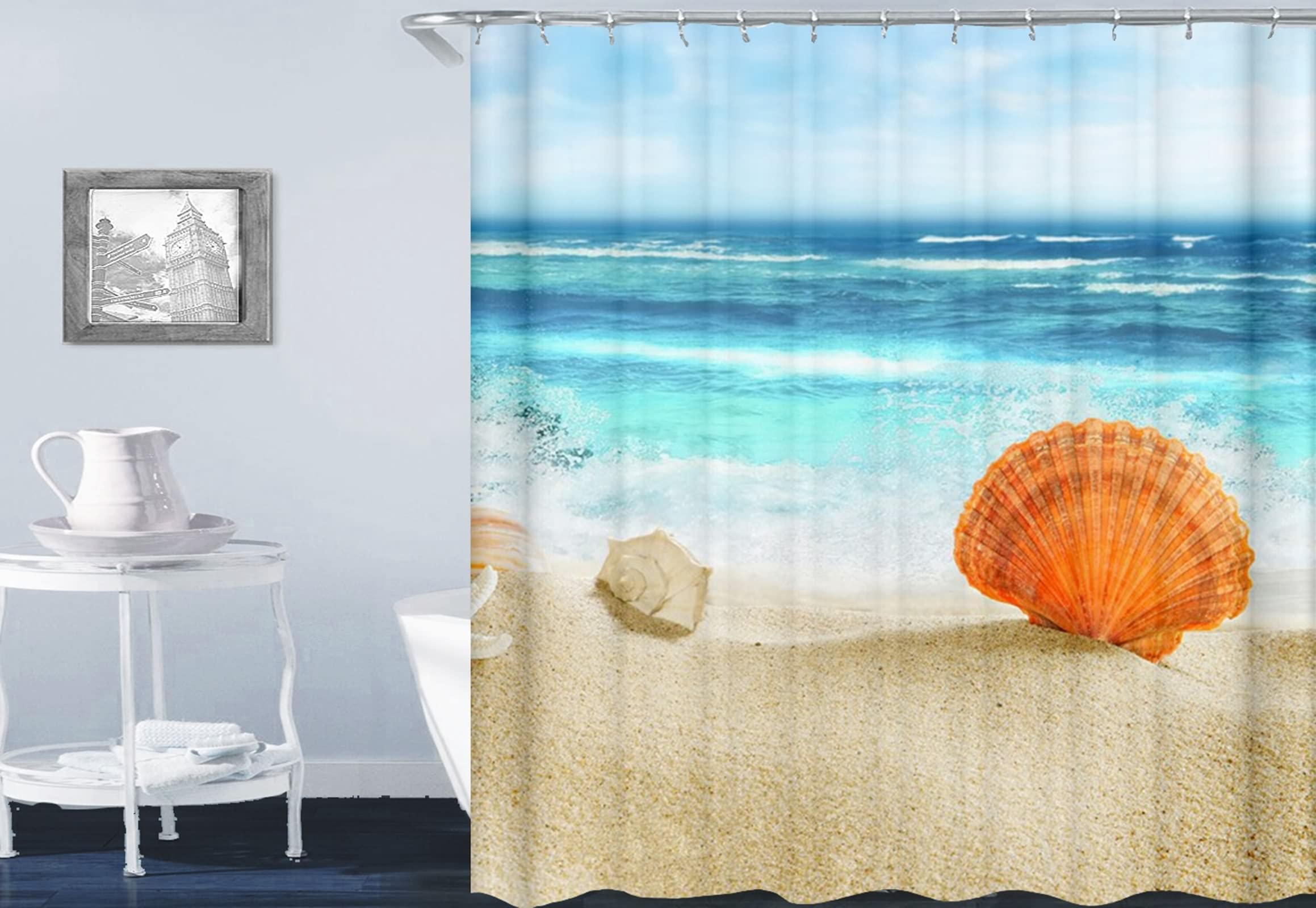 Rideau de douche imperméable anti éclaboussures pour sol sec avec motif plage coquillage 180x200