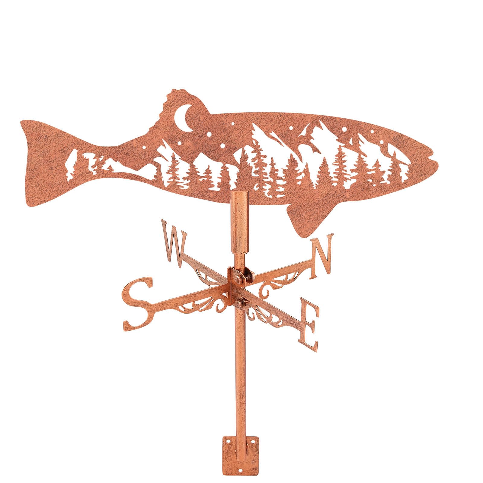 SUPERDANT Fischförmige Wetterhahn Mit Berglandschaft Motiv Metall Windrichtungsanzeiger Mit Montageset Für Dach Kupferne Wetterfahne Zur Dekonation Von Garten Farm Hof Pavillon Carport Geschenke