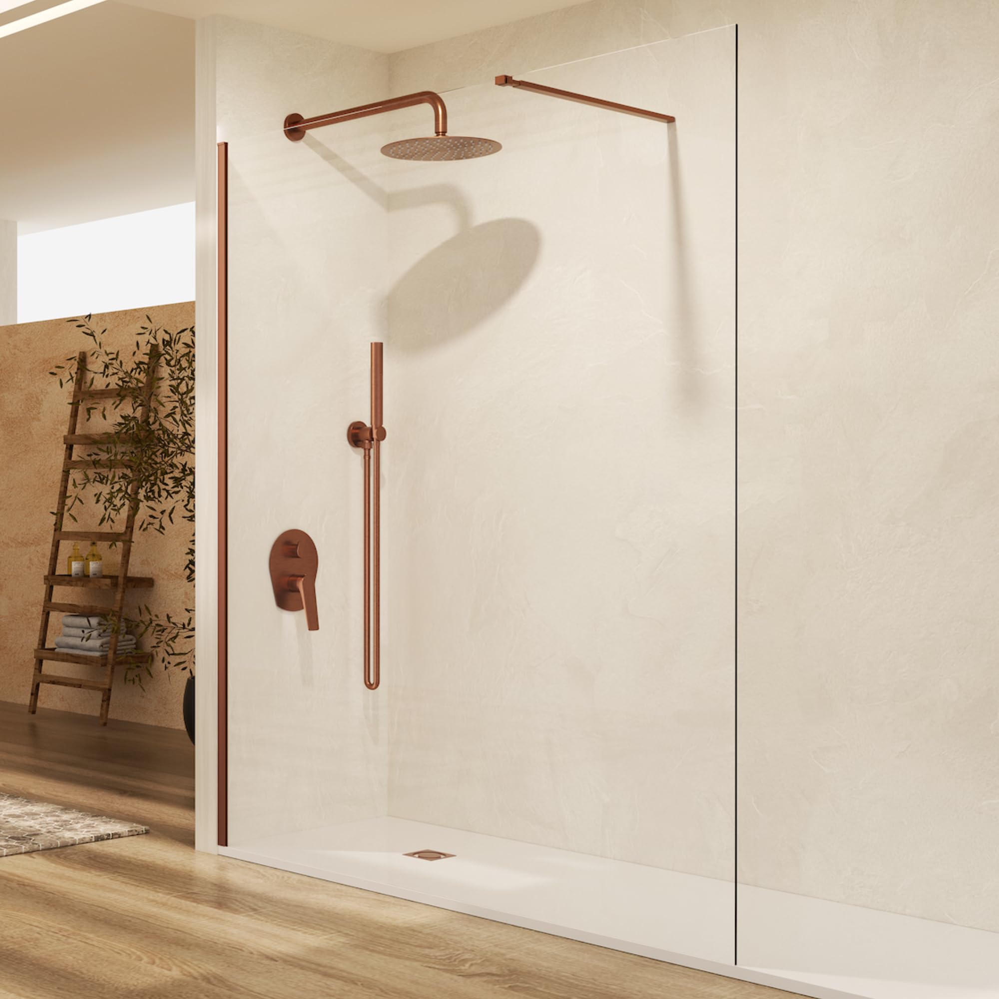 IMEX - Mampara Ducha Fija Oro Rosa 90cm Frontal con Brazo de Sujeción | Mampara de Cristal Antical y Perfilería de Aluminio con 195cm de Altura | Vidrio con Grosor 6mm y Sistema de Montaje Fácil