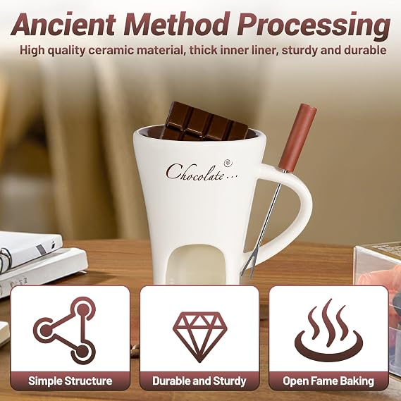 Ceramic Butter Chocolate Fondue Mug - Melting Chocolate Pot with Fork, Cheese Warmer Cup, Light Candle Fondue Melter Set for Melting Hot Chocolate (White)