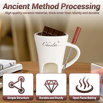 Ceramic Butter Chocolate Fondue Mug - Melting Chocolate Pot with Fork, Cheese Warmer Cup, Light Candle Fondue Melter Set for Melting Hot Chocolate (White)