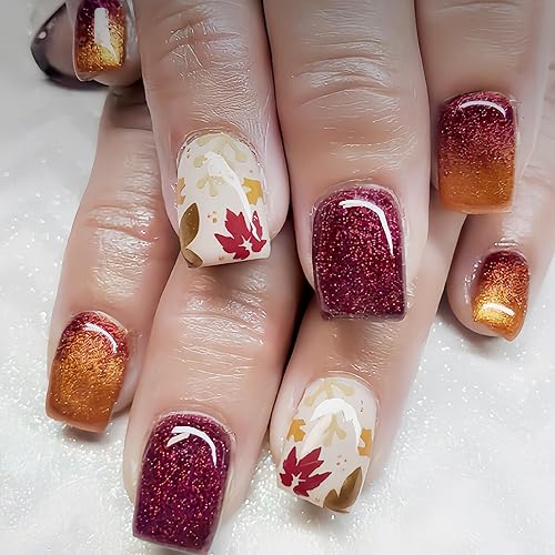 24Pcs Maple Leaf Press on Nails Short Fall Fake Nails