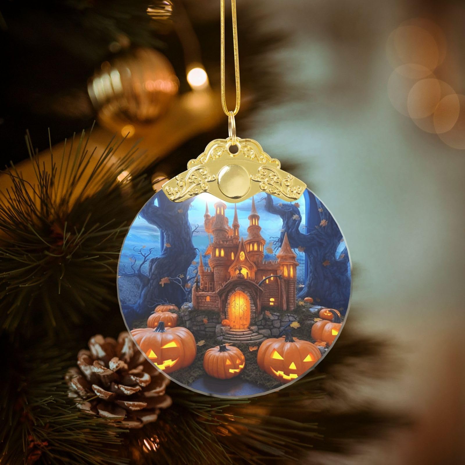 Halloween Castle Pumpkin Christmas Ornament 2025, Round Glass Xmas Hanging Pendant for Xmas Tree Decoration,Cute Holiday Hanging Decorations Keepsake for New Year Family Party Wedding Decor