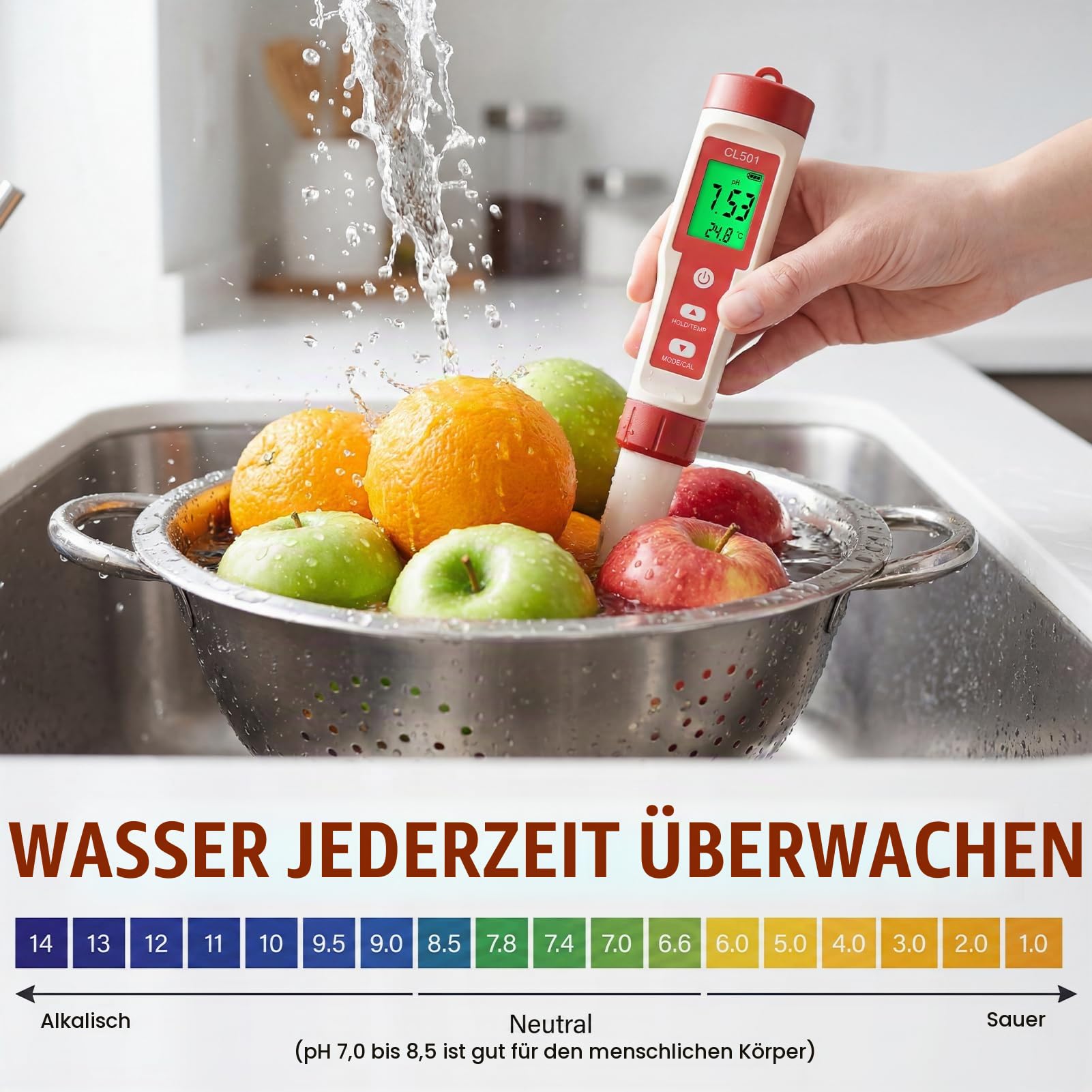 PH Chlormessgerät Pool Digitales Wasserqualität Tester, 5 in 1 PH/Chlor/ORP/H₂/Temp Messgerät mit pH Teststreifen und LCD-Display, für Trinkwasser Spa Aquarium Hidroponik Hydrokultur