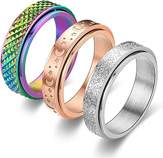 fekang Fidget Rings for Anxiety for Women Spinner Rings Stress Rings for Kids Teen Girls Rainbow Rose gold Silver Colors Size 5-11 (7, 6mm Rainbow-Rose gold-Silver 3pcs)