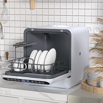 Table Top Dishwasher, Portable Countertop Dishwasher, 5L Tank, Energy-Efficient, 5 Wash Programs, 75°C High-Temperature Cleaning, 40-Piece Capacity, White