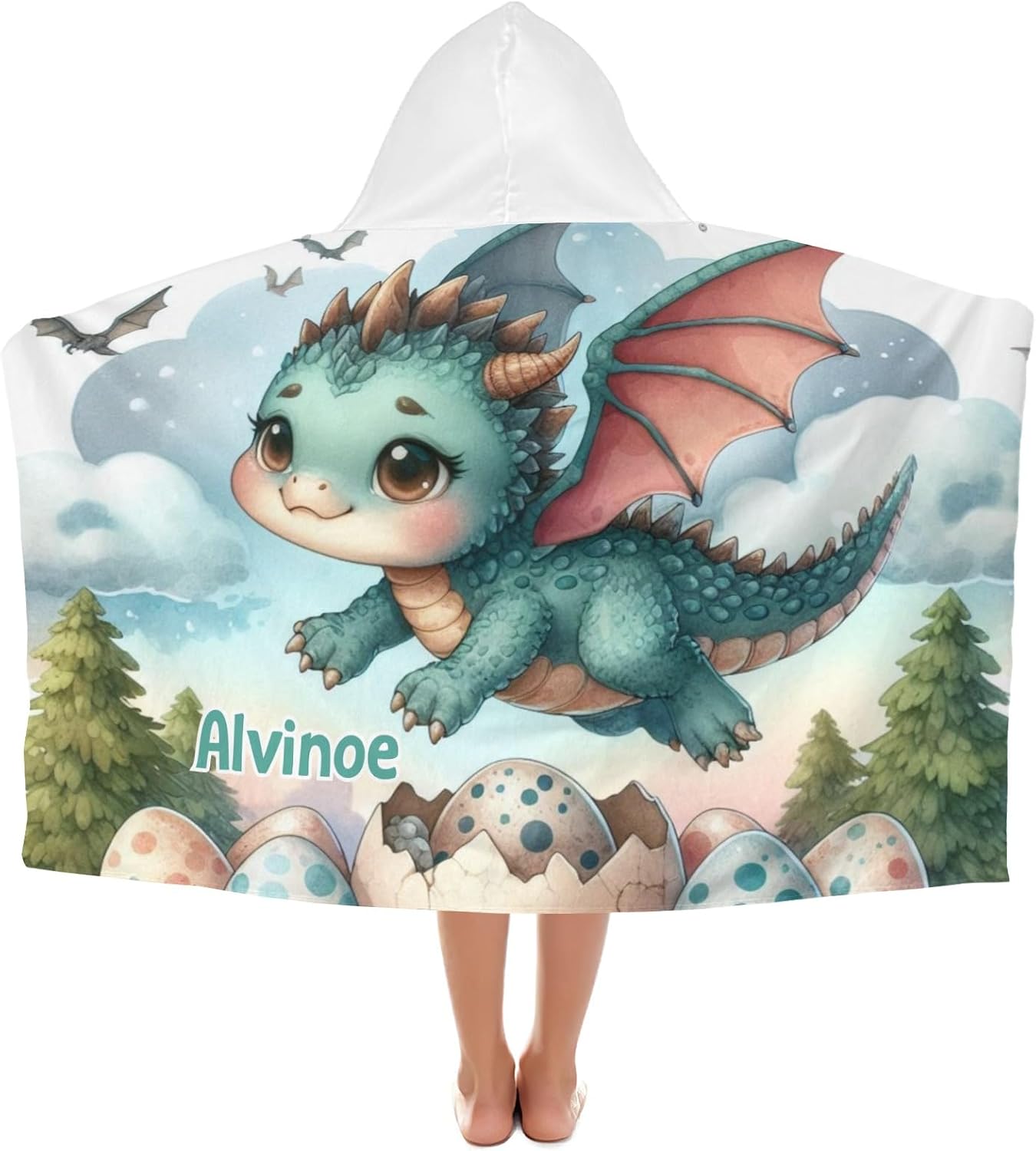 Watercolor Cute Dragon Personalized Hooded Towel Absorbent Wrap Soft Pool Beach Bath Towels Hood Poncho for 5-12 Years Kids Boys Girls