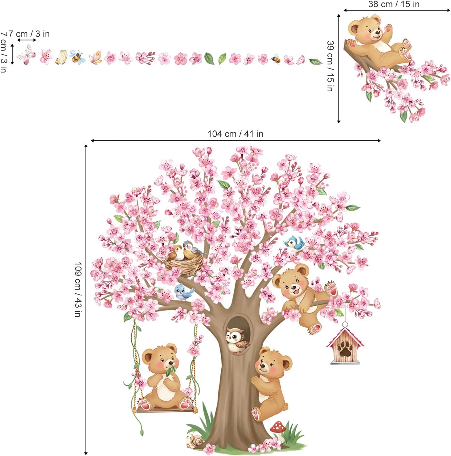 decalmile Woodland Animals Large Cherry Blossom Tree Wall Stickers Pink Flower Bear Wall Decals Baby Nursery Kids Bedroom Living Room Home Decor