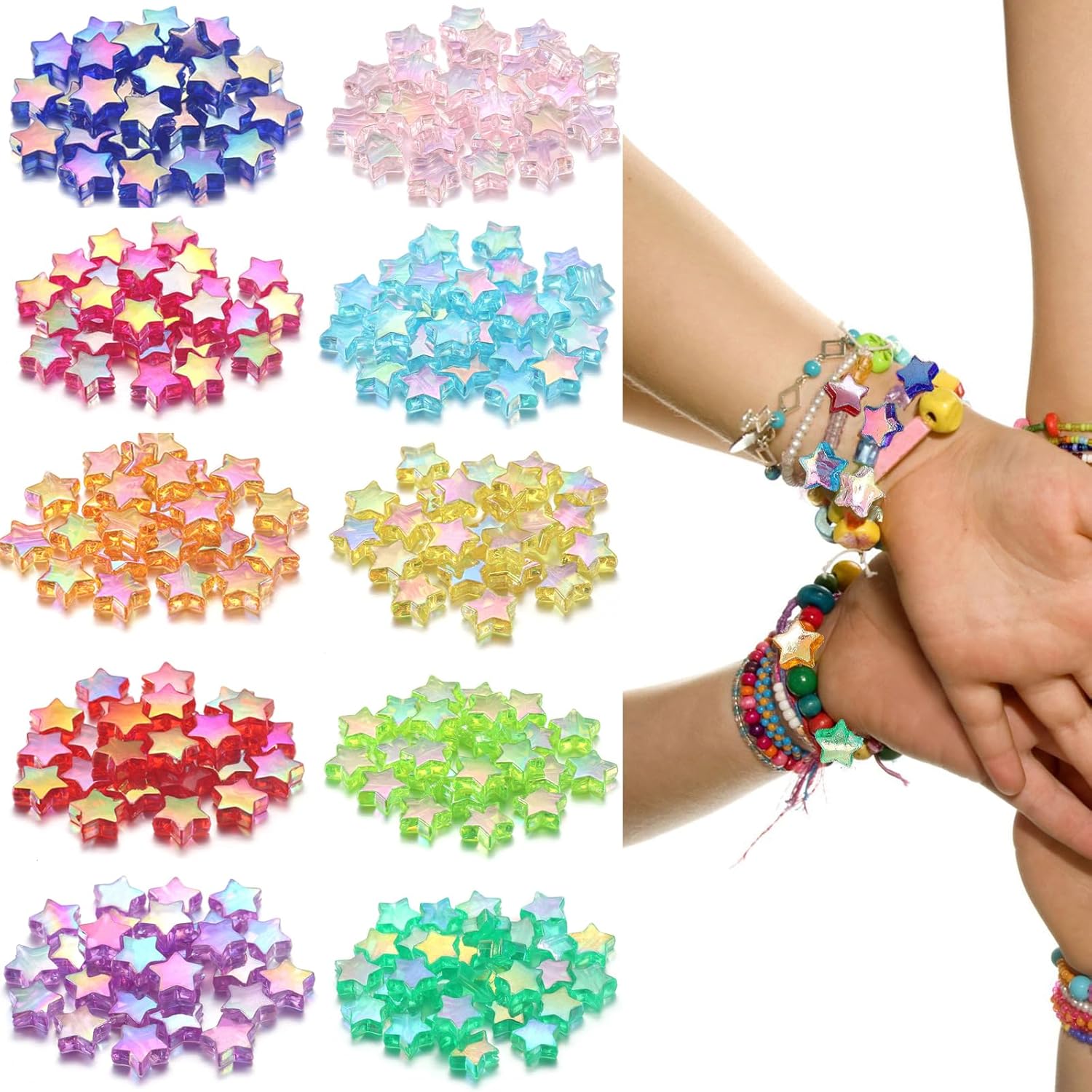 600pcs Acrylic Star Beads with Storage Box - 10mm Colorful Assorted Pony Beads for DIY Jewelry Making