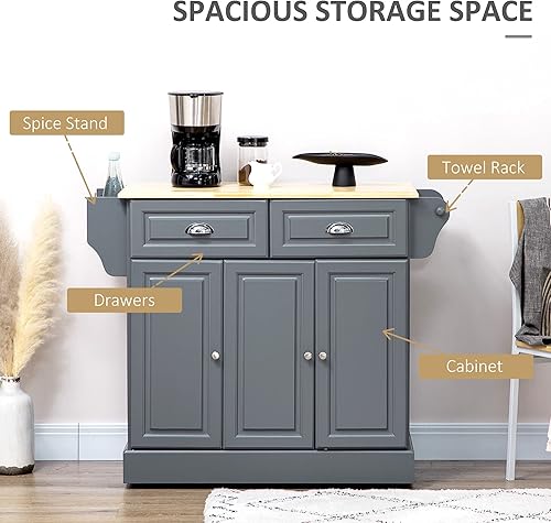 Miniatura 4 de HOMCOM Isla de cocina con ruedas de triple gabinete gabinete de almacenamiento de cocina con cajones y encimera carrito utilitario rodante con parte