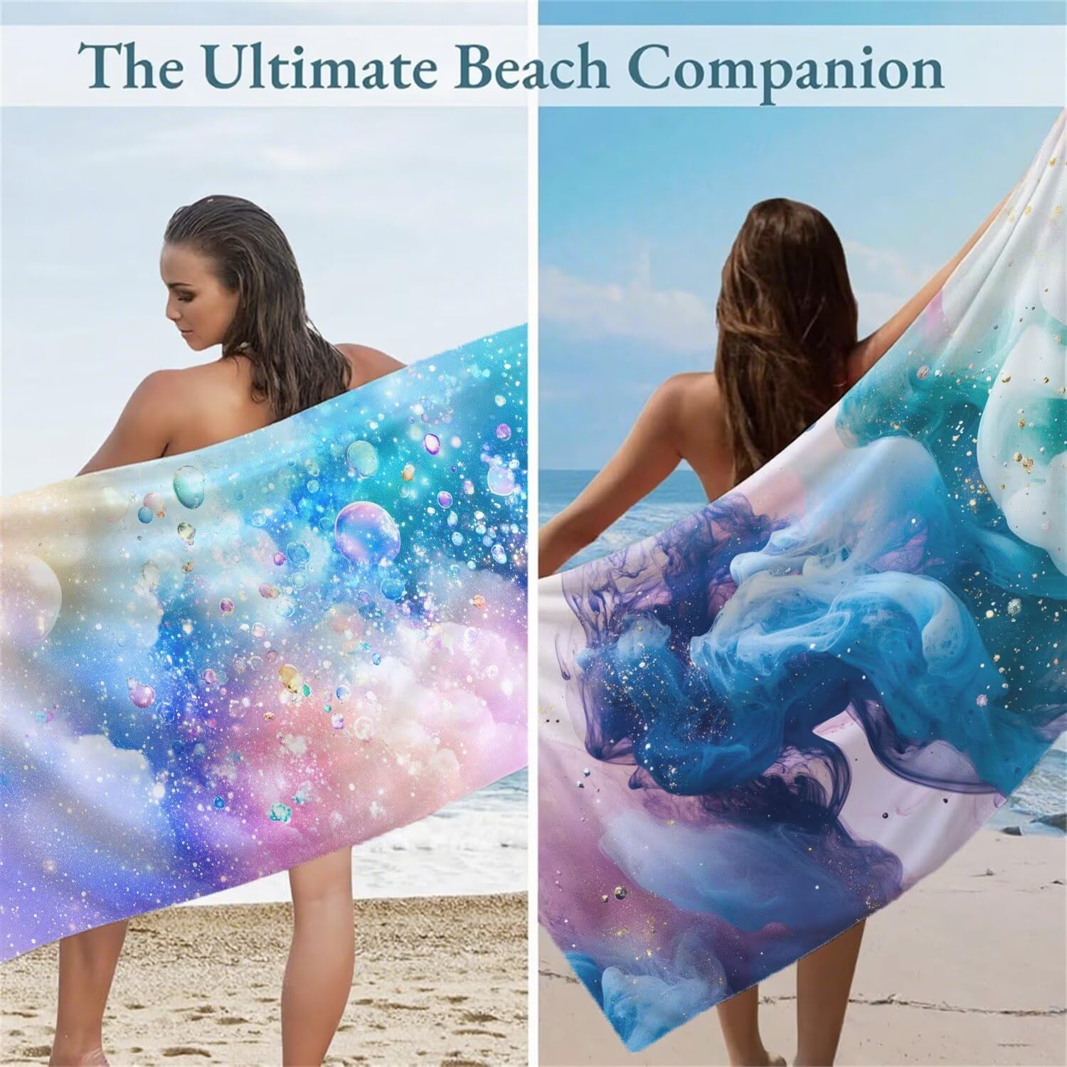Serviette de Plage 90x180cm, Rêve Serviette Microfibre Lot de 2 Couleur Motif Ultra Absorbantes Séchage Rapide Anti Sable Légère Drap de Plage avec Bouton Pression Design pour Piscine Voyages,Model167