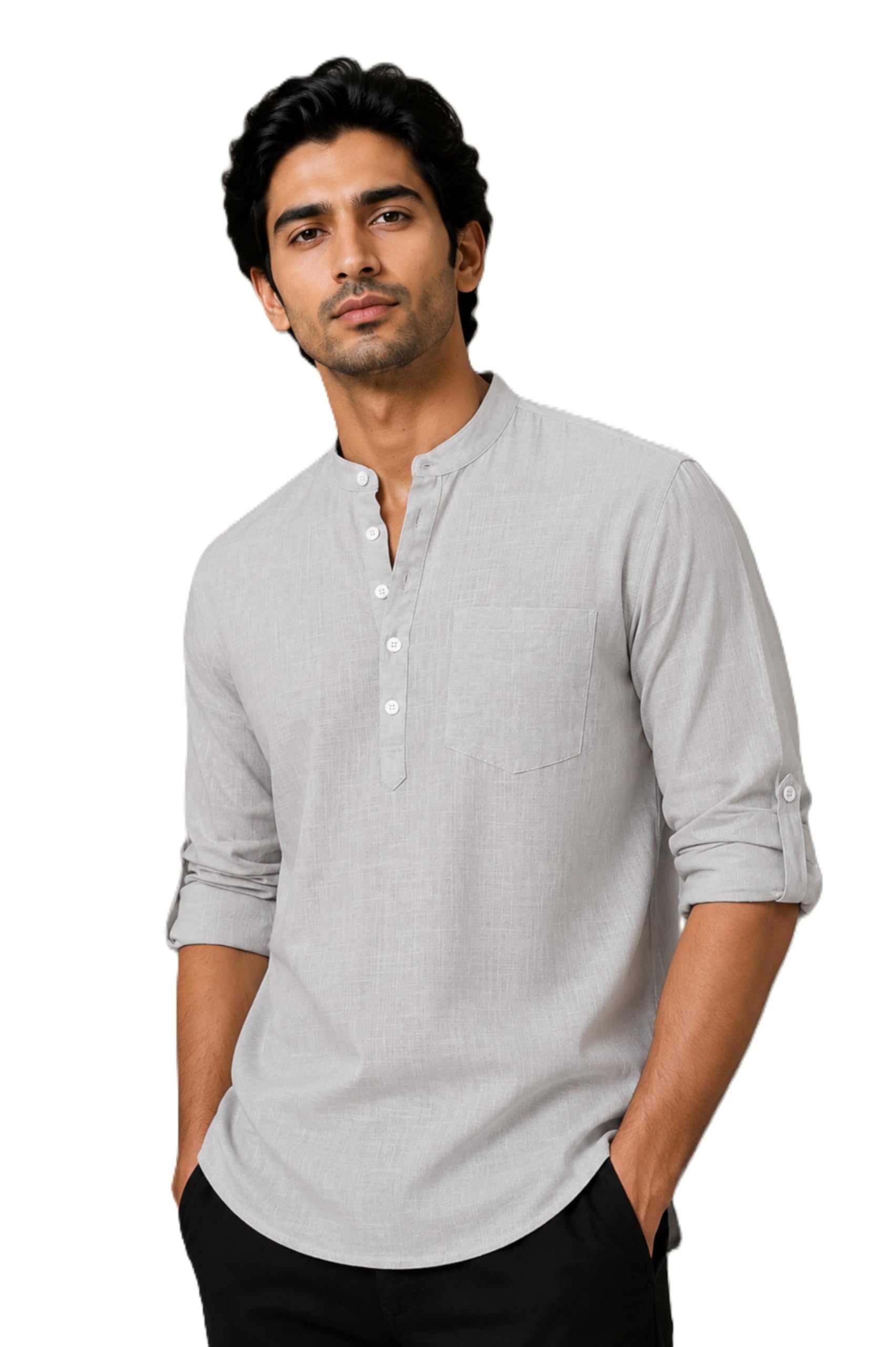 Men's Cotton Linen Blend Relax Fit Short Kurta | Mandarin Collar | Roll-Up Sleeves | Hip Length | Solid Light Gray-picture-38