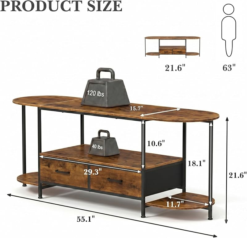 Faesun 55" TV Stand for TVs up to 55 Inches, Curved Edge Media Console & Entertainment Center with 2 Fabric Drawers, Modern TV Console Table for Living Room or Bedroom, RusticBrown image 3