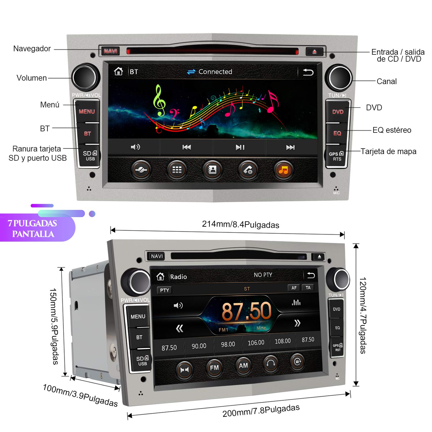 AWESAFE Radio Coche 7 Pulgadas con Pantalla Táctil 2 DIN para Opel, Autoradio con Bluetooth/GPS/FM/RDS/CD DVD/USB/SD, Apoyo Mandos Volante, Mirrorlink y Aparcamiento (Gris)