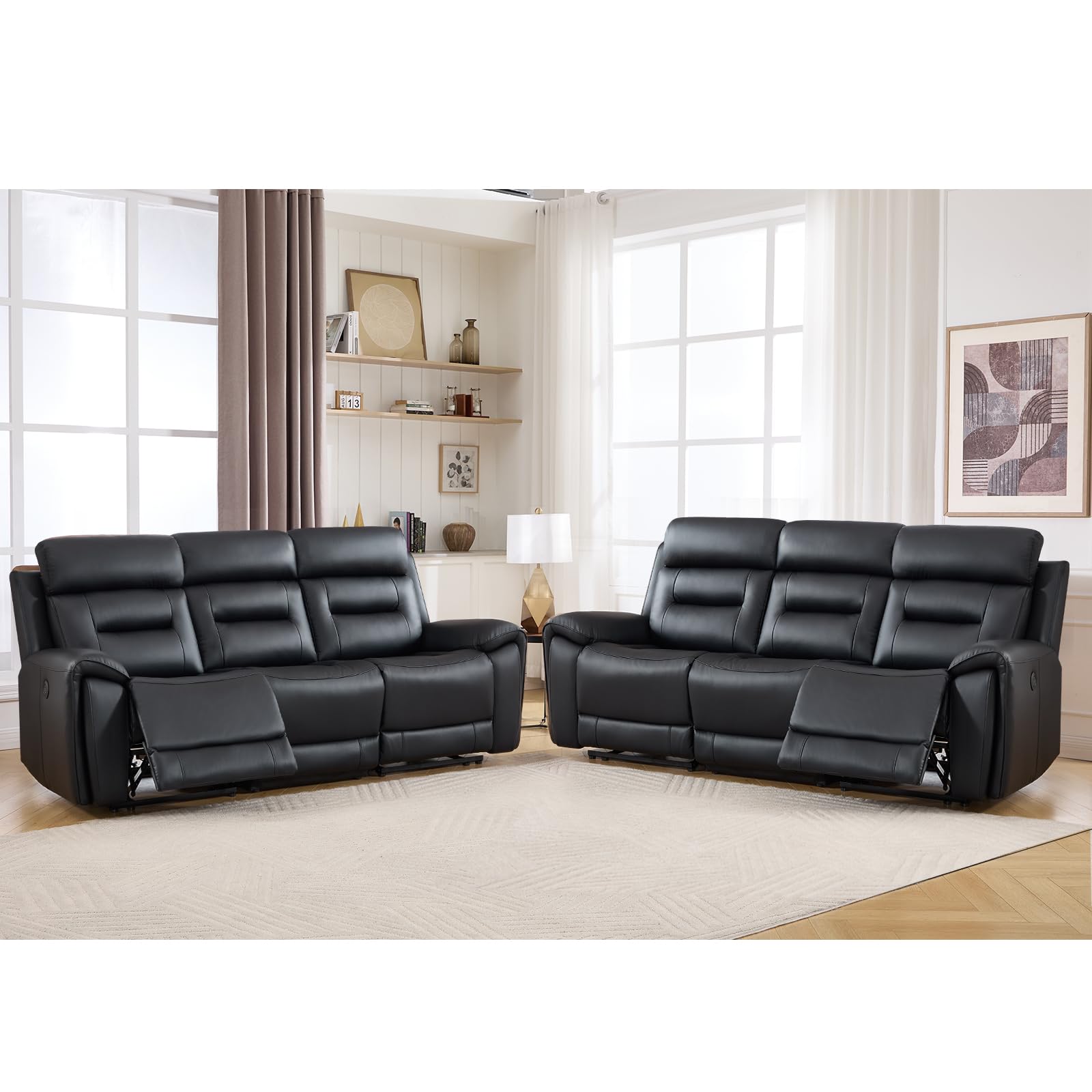 ANJ Power Oversized Reclining Sofa Couch Set of 2, Breathable Faux Leather 3-Seater Electric Recliner Couches with USB&amp;Type-C Charging Ports for Living Room, Black