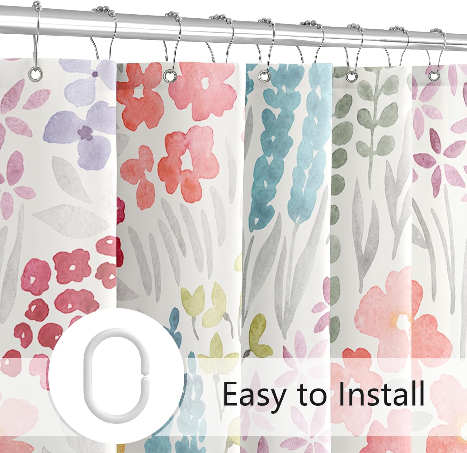 MAYZUS Extra Long Shower Curtain 72 x 84 Inch, Tall Cute Floral Shower Curtain for Bathroom, Colorful Wildflower Boho Cottagecore Fabric Shower Curtain Set with Hooks, Ivory