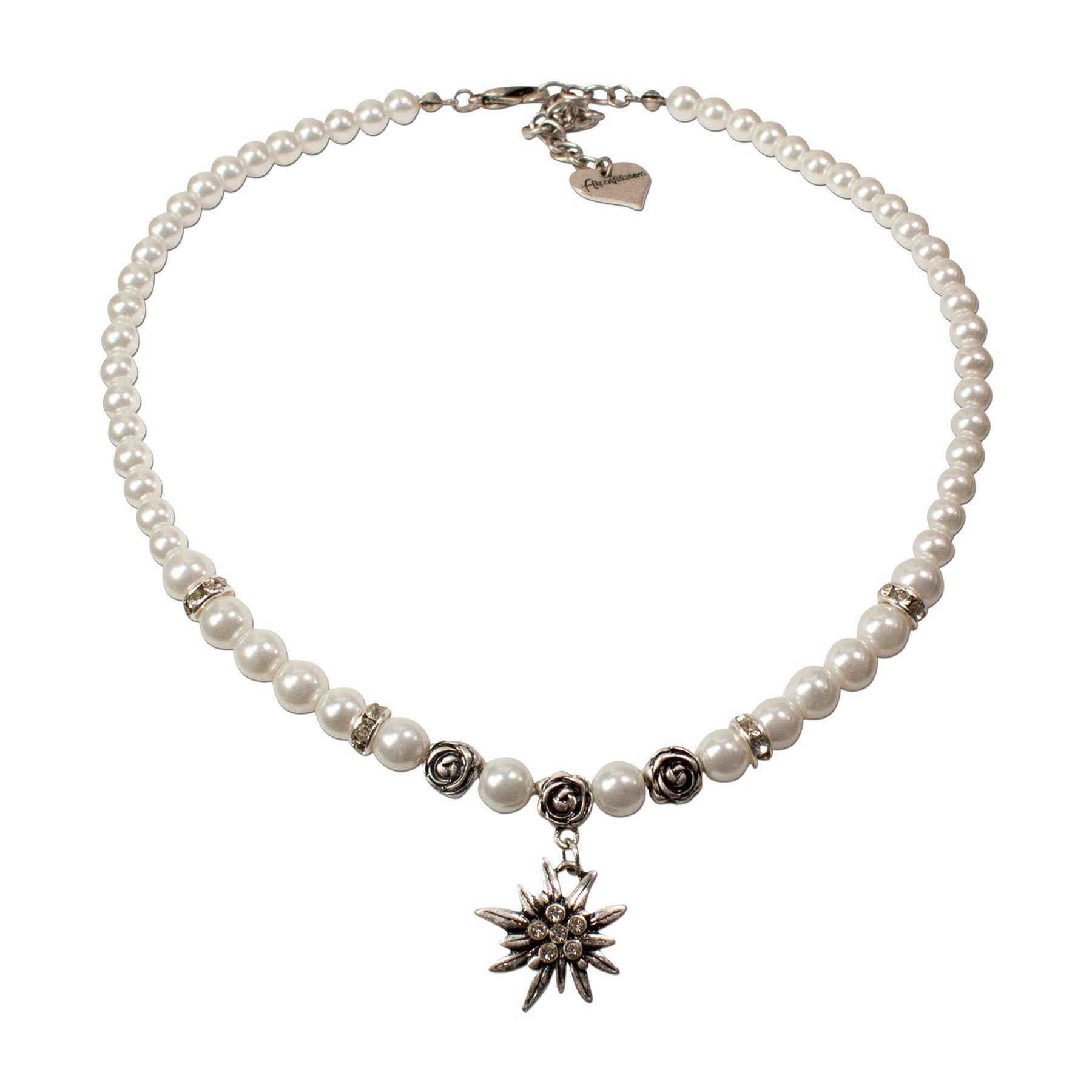 Alpenflüstern Trachtenschmuck-Set Perlen-Trachtenkette, Armband, Charivari und Ohrhänger Strass-Edelweiß - Damen-Trachten-Schmuck, Trachtenset Creme-weiß SET048