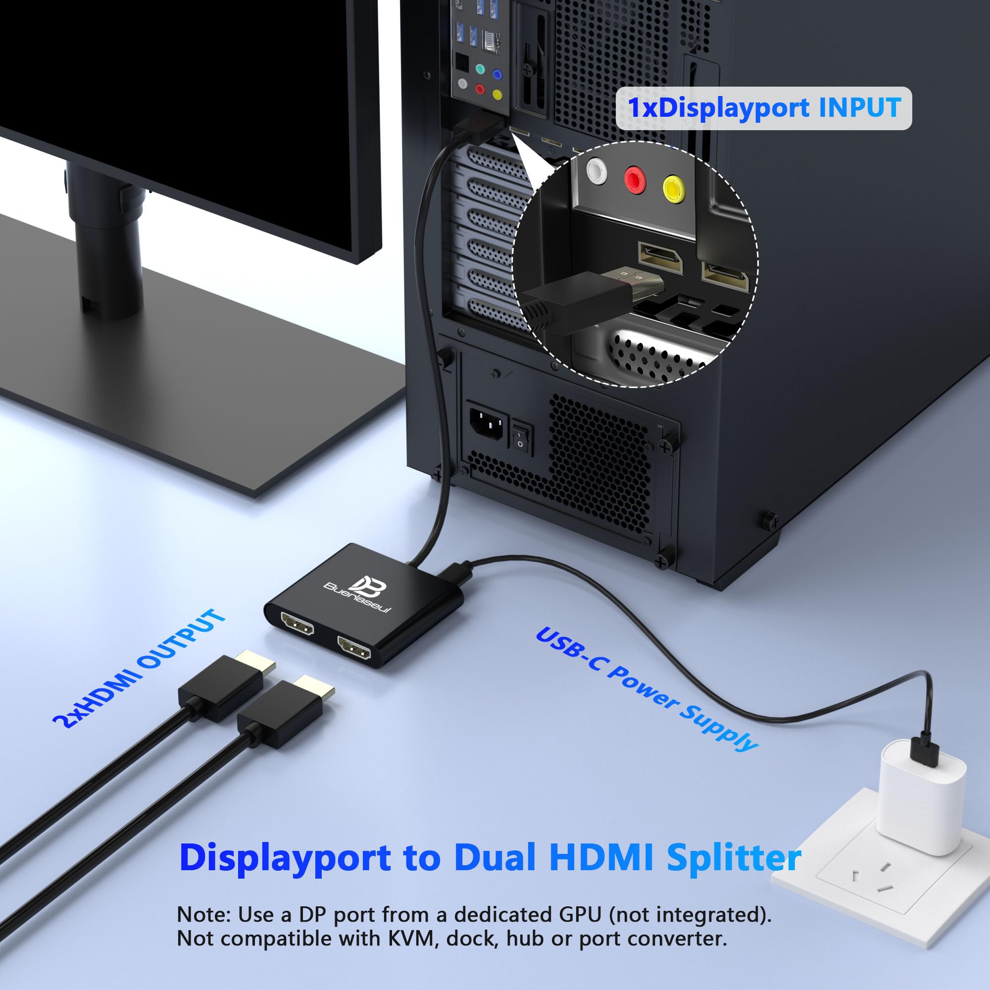 Répartiteur DisplayPort vers double HDMI 4K @ 60 Hz, alimentation USB-C, hub DisplayPort 1.4 MST vers HDMI 1 entrée 2 sorties pour double moniteurs, mode étendu/clone pour ordinateur de bureau, carte