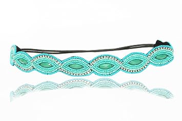 Blue Bohemian Bridal Wedding Turquoise and Rhinestone Stone Scallop Beaded Headband#62 Elastic Stretch Headwrap with Style Guide