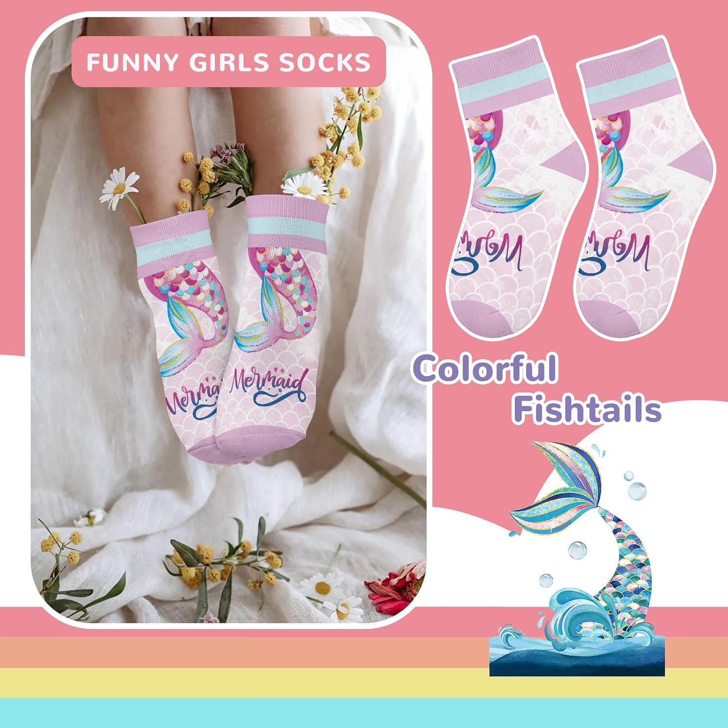 Girls Socks Mermaid Tail Unicorn Flowers Fruit Printed Pattern Cute Crew Ankle 6 Pairs 3-14Y Kids Birthday Gift image 2