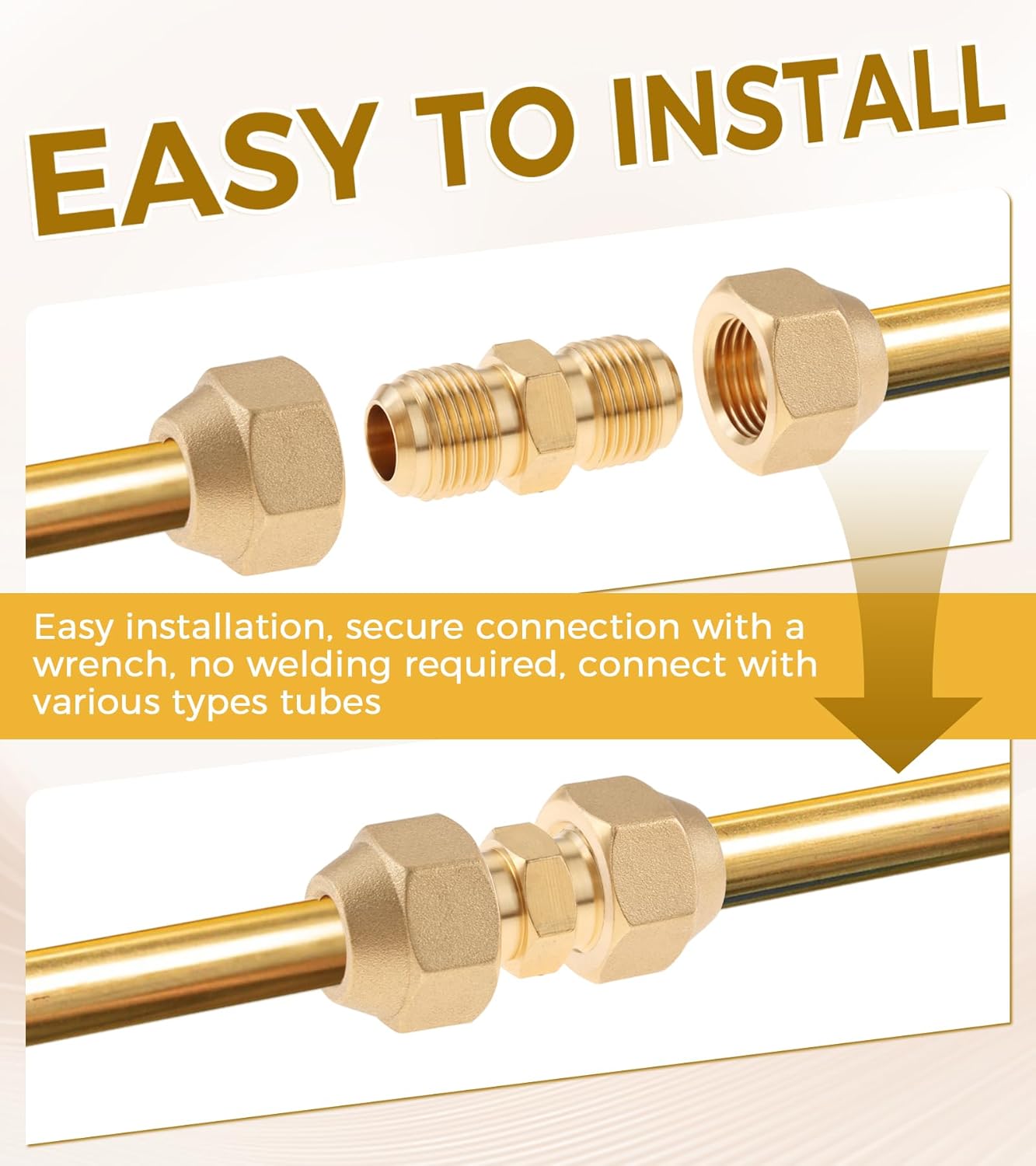 1/4" and 3/8" Copper Pipe Extension Joint Connectors, AC Pipe Coupling Adapters with HVAC Flare Nuts, Butt Copper Tube Fittings for Air Conditioning Refrigeration Pipe Coupling Adapters (Pack of 4)