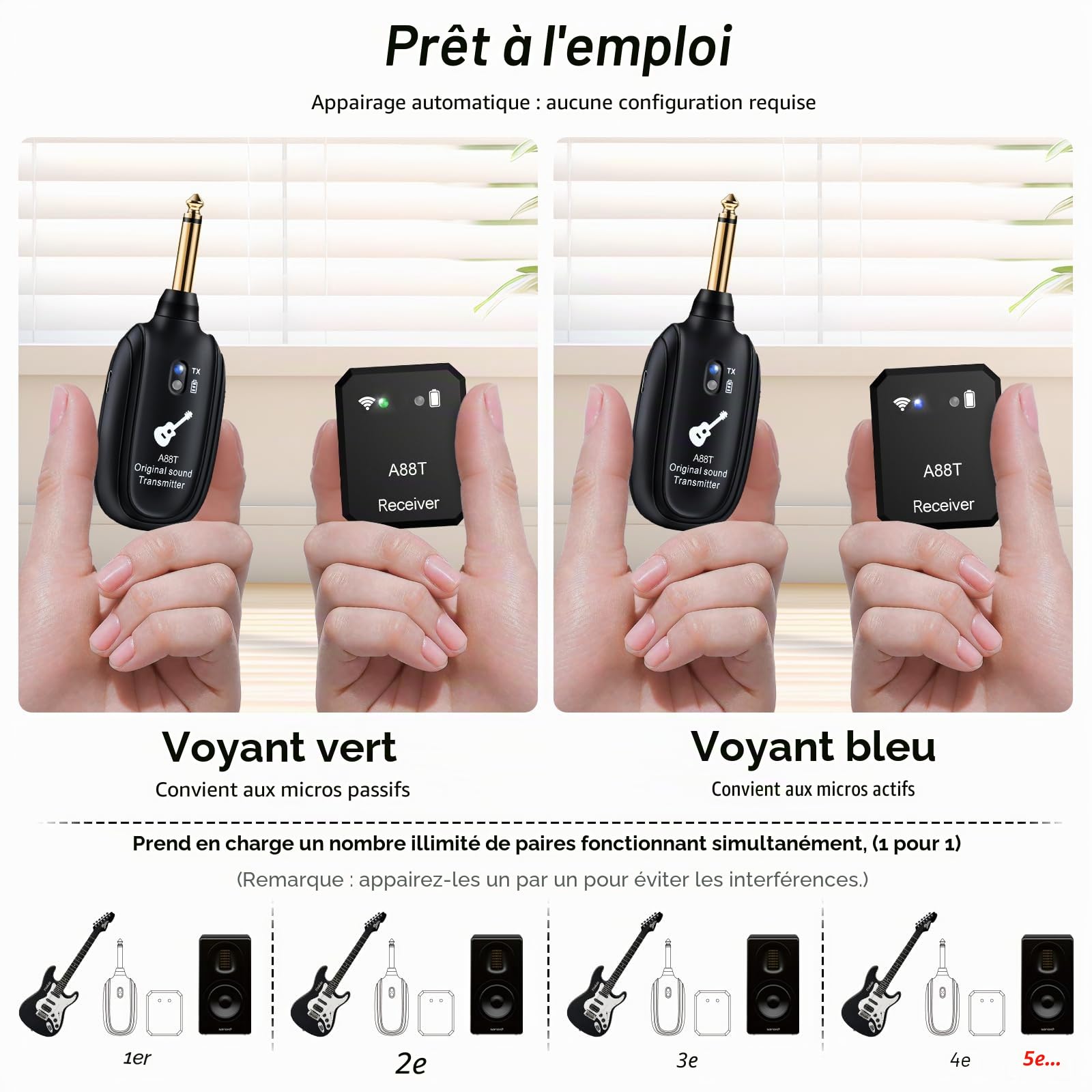 Système sans fil intra-auriculaire 2.4GHz Système IEM sans fil avec émetteur, récepteur à clip auto-appairage pour le monitoring intra-auriculaire pour studio, guitare, DJ, performance live