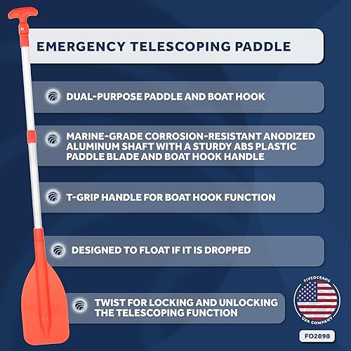 Miniatura 2 de Five Oceans Paleta telescópica de emergencia, paletas de barco, paleta naranja flotante, se extiende de 21 a 42 pulgadas, diseño compacto para un