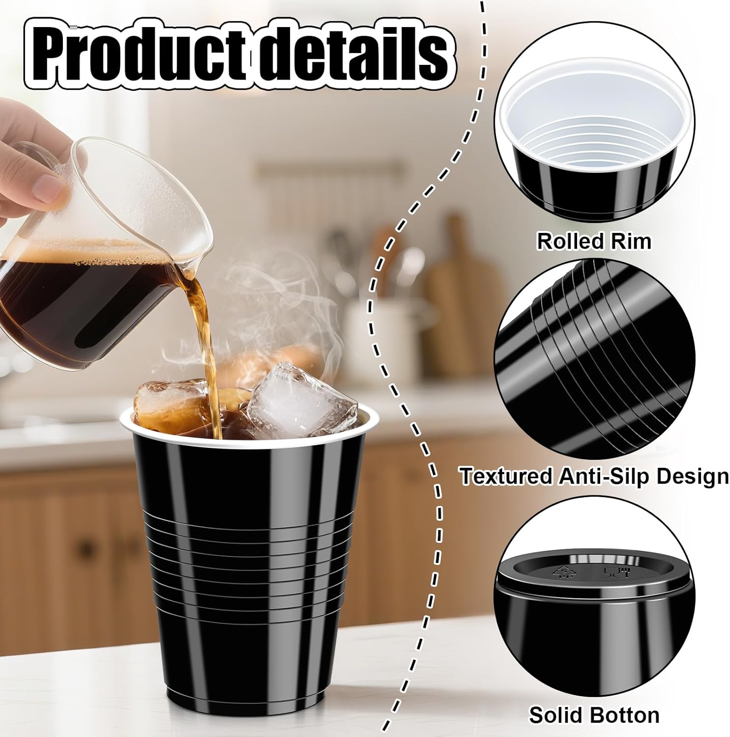 100 Pack Black Plastic Cups 12 oz for Party, Disposable Drinking Cups Bulk for Graduation Wedding Birthday Beer - Image 3