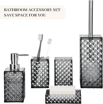Bathroom Accessory Set, Grid Pattern 5 Pcs Plastic Bathroom Set, Dark Grey