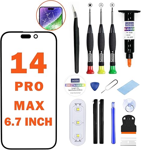 Reemplazo de pantalla para iPhone 14 Pro Max (A2651 A2893 A2896 A2895 A2894), lente frontal exterior de 6.7 pulgadas Reemplazo de vidrio adhesivo