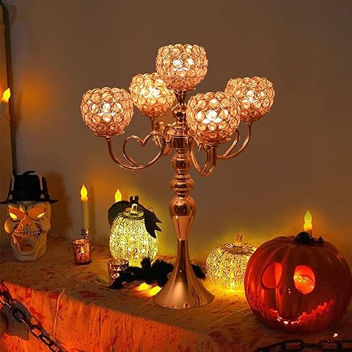 Miniatura 5 de VINCIGANT Paquete de 2 candelabros de cristal de 5 brazos para mesas, soporte de metal dorado de 21.5 pulgadas de alto para fiestas formales, bodas,